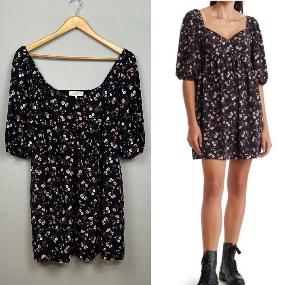 Wayf Black Floral Puff Sleeve, Babydoll Mini Dress Sz L